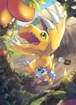  agumon blurry blurry_background blurry_foreground botamon colored_skin digimon digimon_(creature) fangs food from_above fruit gabumon green_eyes highres horns konagonana looking_up nature no_humans on_shoulder orange_skin outdoors poyomon reaching red_eyes reptile signature single_horn standing_on_shoulder 