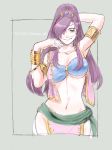 1girl breasts closed_mouth commentary_request dancer_(final_fantasy) faris_scherwiz final_fantasy final_fantasy_v green_eyes jewelry large_breasts long_hair looking_at_viewer midriff navel ponytail purple_hair simple_background smile solo toutoumi 