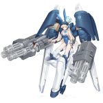  1girl absurdres animal_ears aqua_bow blonde_hair blue_archive blue_bow blue_bowtie blue_eyes blue_hairband blue_halo blue_leotard bow bowtie covered_navel detached_collar earpiece exoskeleton externally_piloted_mecha fake_animal_ears full_body gatling_gun hairband halo highleg highleg_leotard highres leotard long_hair mecha official_alternate_costume playboy_bunny rabbit_ears robot solo sseli strapless strapless_leotard toki_(blue_archive) toki_(bunny)_(blue_archive) white_wrist_cuffs wrist_cuffs 