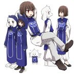  1boy 1other arm_at_side arms_at_sides arms_behind_back asriel_dreemurr barefoot belt black_belt black_footwear blue_dress blush brown_footwear brown_hair capelet chara_(undertale) closed_mouth commentary_request crossed_legs dress full_body furry furry_male goat_boy hand_on_own_hip heart heart_necklace hood hood_up hooded_capelet jewelry leftporygon long_dress long_sleeves looking_ahead looking_at_another looking_at_viewer multiple_views necklace no_socks open_mouth orange_eyes pants red_eyes short_hair smile standing turtleneck undertale white_background white_fur white_pants white_tail 