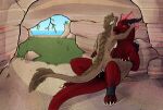  anthro breasts cave dinosaur dragon dromaeosaurid duo duo_focus female feral fur group low_res male male/female mythological_creature mythological_scalie mythology reptile scalie small_breasts tagme theropod unknown_artist 