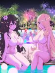  2girls antenna_hair arm_support bikini black_eyes black_hair blonde_hair blush breasts cleavage closed_mouth crossed_legs crossover cup cynthia_(pokemon) drink drinking_glass fireworks flower fubuki_(senran_kagura) glowing grey_eyes groin hair_between_eyes hair_flower hair_ornament hair_over_one_eye highres holding holding_cup huge_breasts large_breasts light_particles lily_(flower) linea_alba long_hair looking_at_another micro_bikini multiple_girls navel night night_sky outdoors pale_skin palm_leaf palm_tree parted_lips pokemon pokemon_dppt pool poolside risapaso senran_kagura senran_kagura_new_link side-tie_bikini_bottom sitting sky smile soaking_feet sparkle string_bikini swimsuit tile_floor tiles tree tropical_drink very_long_hair water white_bikini white_flower white_lily wine_glass 