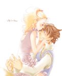  1boy 1girl aya_tiyo blonde_hair blue_eyes blush brown_hair butz_klauser final_fantasy final_fantasy_v forehead_kiss kiss krile_mayer_baldesion open_mouth ponytail simple_background tutu white_background 