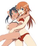  2girls animal_ears arms_around_neck arms_behind_head bangs bikini black_hair blue_eyes breasts charlotte_e_yeager commentary dark_skin eyebrows_visible_through_hair fang francesca_lucchini green_eyes hair_ribbon hug hug_from_behind long_hair looking_at_viewer medium_breasts multiple_girls nanashino navel open_fly open_mouth orange_hair red_bikini ribbon simple_background skindentation small_breasts smile standing strike_witches swimsuit twintails white_background white_ribbon world_witches_series 