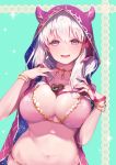  1girl bangs bare_shoulders blush breasts cleavage collarbone earrings fate/grand_order fate_(series) hair_between_eyes hair_ribbon jewelry kama_(fate/grand_order) kanola_u large_breasts long_hair looking_at_viewer navel open_mouth pink_ribbon red_eyes ribbon silver_hair smile solo valentine 