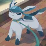 ambiguous_gender blue_body blue_eyes blue_fur eeveelution feral frown fur generation_4_pokemon glaceon leash nagasaki_wonderful_polyester nintendo one_eye_closed pokemon pokemon_(species) quadruped solo tail