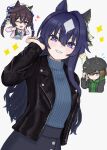  3girls :3 ;d animal_ears atyattyan black_jacket blue_eyes blue_hair blue_ribbon blue_sweater brown_hair cabbie_hat cheval_grand_(umamusume) dark_blue_hair ear_covers green_hoodie green_sweater grey_sweater hair_between_eyes hair_ribbon hat highres hood hooded_sweater hoodie horse_ears horse_girl jacket leather leather_jacket long_hair looking_at_viewer mole mole_under_eye multicolored_hair multiple_girls one_eye_closed peaked_cap pink_jacket purple_eyes ribbed_sweater ribbon short_hair siblings simple_background single_ear_cover sisters smile solo_focus sparkle streaked_hair sweater twintails umamusume v_sisters verxina_(umamusume) vivlos_(umamusume) white_background white_hair 