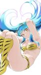  1girl absurdres animal_print arms_up bikini blue_hair breasts cone_horns fengling_(furin-jp) fur_bikini highres horns looking_at_viewer lum medium_breasts navel oni print_footwear small_horns solo strapless strapless_bikini swimsuit tiger_print urusei_yatsura white_background yellow_eyes yellow_horns 