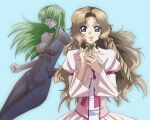  2girls body_markings breasts brown_hair c.c. code_geass completely_nude dress green_hair gundam gundam_seed highres hirai_hisashi_(style) long_hair medium_breasts multiple_girls nude nunnally_vi_britannia parody purple_eyes simple_background yamabuki_tt yellow_eyes 