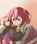 1girl artist_name brown_gloves detached_sleeves english_commentary fingerless_gloves fire_emblem fire_emblem_awakening gloves hair_between_eyes highres holding holding_shield long_hair looking_to_the_side pinwheejin red_eyes red_hair severa_(fire_emblem) shield solo twintails upper_body 