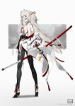  1girl black_footwear black_pants breasts falslander fox_mask full_body grey_hair hair_intakes high_heels highres jacket katana long_hair long_sleeves mask medium_breasts neco open_clothes open_jacket pants parted_lips sheath sheathed sidelocks solo standing sword weapon white_jacket 