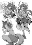  1girl :d animal_ears ass bikini blue_archive breasts fishnet_thighhighs fishnets fox_ears fox_tail gloves greyscale hair_ornament halo izuna_(blue_archive) izuna_(swimsuit)_(blue_archive) kunai looking_at_viewer monochrome multiple_views open_mouth pleated_skirt po_(podi_mahattaya) scarf school_uniform serafuku shorts simple_background skirt smile squatting swimsuit tail thighhighs tongue visor_cap weapon white_background 