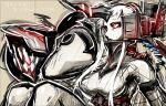  1girl abyssal_ship breasts cable colored_skin detached_sleeves dress g=hikorou grey_background grey_skin headgear horns kantai_collection long_hair open_mouth red_eyes seaport_princess sidelocks simple_background single_horn sketch solo thighhighs white_dress white_hair white_thighhighs 