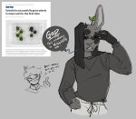  2022 anthro clothed clothing dialogue domestic_rabbit duo earth_(solar_house) english_text face_mask fully_clothed fur grey_background grey_body grey_fur harlequin_rabbit hi_res human lagomorph leporid luno_(solar_house) male mammal news news_article oryctolagus pained_expression photo plant_in_hair rabbit simple_background solar_house speech_bubble sweatpants text vanadiumvalor 