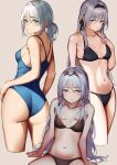  1girl 3_small_spiders absurdres alternate_costume alternate_hairstyle an-94_(girls&#039;_frontline) back blonde_hair blue_eyes blue_one-piece_swimsuit breasts girls&#039;_frontline grey_hair hairband highres long_hair looking_at_viewer multiple_persona one-piece_swimsuit sitting small_breasts smile swimsuit 