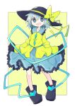  1girl asameshi black_hat blouse bow buttons diamond_button eyeball frilled_shirt_collar frilled_sleeves frills full_body green_hair green_skirt hat hat_bow hat_ribbon heart heart_of_string komeiji_koishi ribbon shirt skirt solo third_eye touhou wide_sleeves yellow_bow yellow_ribbon yellow_shirt 