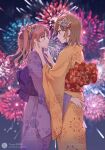  2girls aerial_fireworks brown_eyes brown_hair brown_kimono commentary_request eye_contact fireworks floral_print_kimono hair_ornament highres japanese_clothes kimono long_hair looking_at_another misaka_mikoto multiple_girls night night_sky obi purple_kimono sash shirai_kuroko short_hair sky thyme_(4749874974) toaru_kagaku_no_railgun toaru_majutsu_no_index twintails wide_sleeves yukata yuri 