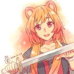  1girl :d animal_ears black_shirt collarbone commentary_request cuffs dated grey_shirt hands_up highres holding holding_sword holding_weapon long_hair long_sleeves looking_at_viewer minami_seira open_mouth orange_hair raccoon_ears raccoon_girl raphtalia red_eyes red_shirt shirt signature smile solo sword tate_no_yuusha_no_nariagari teeth upper_body upper_teeth_only weapon white_background 