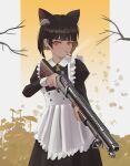  1girl absurdres animal_ear_fluff animal_ears apron black_dress black_hair blunt_bangs blunt_ends blush bob_cut border branch cat_ears cat_girl cigarette collaboration commentary cowboy_shot dress english_commentary foliage frilled_apron frills gradient_background gun highres holding holding_gun holding_weapon juliet_sleeves klottinen long_sleeves looking_at_viewer loose_hair_strand maid mouth_hold original outside_border pillarboxed puffy_sleeves pump_action red_eyes shotgun smoke smoking solo weapon weapon_request white_apron white_border yellow_background 