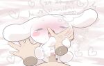 1girl1boy anthro bed bedroom_eyes blue_eyes blush blush_stickers blushing_profusely bodily_fluids canid censored censored_genitalia censored_penis chibi cinnamon_(cinnamoroll) cinnamoroll crossgender disembodied_hand drooling duo female first_person_view furniture genderswap_(mtf) half-closed_eyes hand_to_face hearts_around_body japanese_text long_ears looking_pleasured lying lying_on_bed male male/female mammal narrowed_eyes on_back on_bed reimentyuru saliva sanrio seductive semi-anthro size_difference sweat tears tears_of_pleasure text