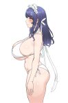  1girl absurdres armpit_crease ass bikini blue_hair blush breasts cain_(gunnermul) closed_mouth commentary_request cowboy_shot embarrassed from_side highres huge_breasts korean_commentary last_origin long_hair maid_headdress navel profile side-tie_bikini_bottom simple_background snow_feather_(last_origin) solo standing sweatdrop swimsuit wavy_mouth white_background white_bikini yellow_eyes 