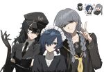  3boys alternate_costume amamiya_ren black_gloves black_hair black_necktie black_sailor_collar blue_eyes blue_hair braid closed_mouth collared_shirt crossdressing elbow_gloves enmaided glasses gloves grey_hair hair_between_eyes hair_over_one_eye lipstick long_hair long_sleeves looking_at_viewer low_twintails maid maid_headdress makeup male_focus multiple_boys narukami_yuu necktie opaque_glasses open_mouth otoko_no_ko persona persona_3 persona_4 persona_5 persona_5:_dancing_star_night persona_dancing police police_uniform sailor_collar school_uniform serafuku shirt short_sleeves short_twintails simple_background tamaon_2525 twin_braids twintails uniform upper_body white_background white_shirt yasogami_school_uniform yuuki_makoto_(persona_3) 
