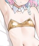  1girl armpits arona_(blue_archive) bikini blue_archive blue_hair braid breasts colored_inner_hair detached_collar gold_bikini hatsuno_xxx kamin_(kamin_chuu) lying micro_bikini multicolored_hair navel on_back on_bed pink_hair simple_background single_braid small_breasts swimsuit white_background 