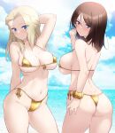  2girls arm_behind_back arm_up ass back beach bikini blonde_hair blue_eyes blue_sky breasts brown_hair cameltoe clara_(girls_und_panzer) cloud contrapposto covered_nipples cowboy_shot dated day forehead from_behind girls_und_panzer gold_bikini grin hair_intakes hand_up highres kuzuryuu_kennosuke large_breasts long_hair looking_at_viewer looking_back micro_bikini multiple_girls nonna_(girls_und_panzer) ocean outdoors parted_lips scrunchie side-tie_bikini_bottom skindentation sky smile strap_gap swimsuit underboob wrist_scrunchie 