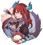  1girl apron blue_eyes breasts ce5 cooking_pot dragon_girl dragon_horns dragon_tail dress duel_monster highres holding holding_ladle horns kitchen_dragonmaid lace-trimmed_apron lace_trim ladle large_breasts long_hair long_sleeves looking_at_viewer maid maid_apron puffy_sleeves red_hair tail upper_body yu-gi-oh! 