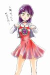  1girl choker dress gegege_no_kitarou highres jacket long_hair looking_down nekomusume nekomusume_(gegege_no_kitarou_6) open_clothes open_jacket purple_hair red_choker red_dress simple_background sketch solo teri_terio translation_request white_background white_jacket yellow_eyes 