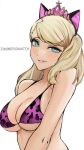  1girl animal_ears animal_print aqua_eyes artist_name bikini blonde_hair blush breasts cat_ears grin highres large_breasts leopard_print long_hair looking_at_viewer nero_watch parted_lips persona persona_5 purple_bikini simple_background smile solo swimsuit takamaki_anne tiara twintails upper_body white_background 