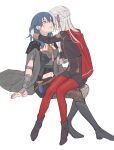  2girls absurdres apron black_footwear black_jacket black_pantyhose black_shorts blue_eyes blue_hair byleth_(female)_(fire_emblem) byleth_(fire_emblem) cape dagger edelgard_von_hresvelg fire_emblem fire_emblem:_three_houses full_body gauntlets grey_cape hair_ribbon hand_in_another&#039;s_hair high-waist_shorts highres jacket knife long_hair midriff multiple_girls pantyhose parted_lips purple_ribbon red_pantyhose ribbon shorts simple_background sitting sitting_on_lap sitting_on_person toho10min toned_female waist_apron weapon white_background white_hair yuri 