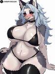 absurd_res anthro big_breasts bikini black_bikini black_clothing black_swimwear blish blush breasts canid canid_demon canine cherifokkusu clothing collar demon digital_media_(artwork) eyelashes female fur hair hellhound helluva_boss hi_res huge_breasts legwear looking_at_viewer loona_(helluva_boss) mammal mythological_canine mythological_creature mythology navel open_mouth red_sclera simple_background smile solo spiked_collar spikes stockings swimwear tail thick_thighs tuft white_body white_fur wide_hips