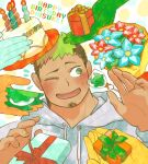  1boy bara birthday_cake black_hair blush bouquet box cake candle candy character_name facial_hair food gift gift_box goatee green_eyes green_hair grey_hoodie happy_birthday holding holding_food holding_gift hood hoodie ikusaba_daisuke kashiwa_mochi_(food) lollipop looking_to_the_side male_focus one_eye_closed out_of_frame portrait shaped_lollipop short_hair solo tokyo_afterschool_summoners tsuna_(so_da77) undercut 