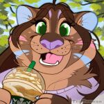1:1 2023 anthro beverage clothed clothing container cup drinking_straw felid female ferwanwan green_eyes holding_container holding_cup holding_object icon low_res mammal open_mouth open_smile outside plant sky smile solo starbucks tree watermark whiskers