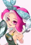  1girl :d apron bandana black_apron blue_bandana breasts cleavage frying_pan highres holding holding_ladle koike3582 ladle long_hair medium_breasts naked_apron octoling octoling_girl octoling_player_character open_mouth pink_eyes pink_hair sideboob simple_background smile solo splatoon_(series) suction_cups tentacle_hair white_background 