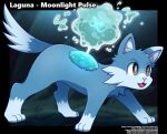  black_eyes blue_body blurred_background canid canine feral fur laguna_(moonlight_pulse) male mammal moonlight_pulse solo standing text vavacung water white_nose 
