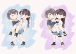  &gt;_&lt; 2girls @_@ absurdres bandaid bandaid_on_knee bandaid_on_leg bang_dream! bang_dream!_it&#039;s_mygo!!!!! black_footwear black_shirt blue_background blue_hoodie blue_shorts blue_skirt blush brown_hair carrying closed_mouth commentary denim denim_skirt drawstring flying_sweatdrops full_body grey_hair hand_on_another&#039;s_back hand_on_another&#039;s_thigh highres hood hoodie long_hair long_sleeves looking_at_another mole mole_under_eye multiple_girls open_clothes open_mouth open_shirt painting_(medium) parted_lips princess_carry purple_background purple_eyes raito_taisha red_eyes shiina_taki shirt shoes short_hair shorts skirt smile sneakers takamatsu_tomori traditional_media translation_request trembling two-tone_hoodie watercolor_(medium) white_background white_shirt yellow_hoodie yuri 