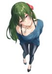  1girl alternate_costume arms_behind_back black_footwear black_pants blue_sweater breasts casual cleavage from_above full_body green_hair highres jewelry leaning_forward long_hair looking_at_viewer medium_breasts necklace pants simple_background smile solo sousou_no_frieren sweater tight_(ohmygod) ubel_(sousou_no_frieren) white_background 