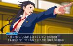  1girl ace_attorney amogan black_eyes black_hair blue_jacket blurry blurry_background breasts cleavage collarbone collared_shirt genderswap genderswap_(mtf) highres indoors jacket korean_text large_breasts long_hair looking_to_the_side necktie open_mouth outstretched_arm phoenix_wright pointing red_necktie shirt solo teeth translation_request 