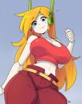 2024 5_fingers anthro ayb big_breasts blonde_hair blue_eyes bottomwear breasts cave_story clothed clothing curly_brace electronics female fingers hair headphones heart_symbol hi_res huge_breasts humanoid machine pants red_clothing robot robot_humanoid simple_background smile solo thick_thighs topwear white_body