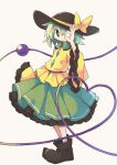  1girl asameshi black_footwear black_hat blouse bow buttons diamond_button eyeball frilled_shirt_collar frilled_sleeves frills full_body green_hair green_skirt hat hat_bow hat_ribbon heart heart_of_string komeiji_koishi ribbon shirt skirt solo third_eye touhou wide_sleeves yellow_bow yellow_ribbon yellow_shirt 