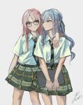  2girls arm_around_shoulder bang_dream! bang_dream!_it&#039;s_mygo!!!!! black_ribbon blue_hair chihaya_anon closed_mouth collared_shirt commentary dated glasses green_necktie green_skirt grey_background grey_eyes hair_ribbon haneoka_school_uniform highres holding long_hair multiple_girls necktie pink_hair plaid plaid_skirt pleated_skirt ribbon school_uniform shirt short_sleeves signature simple_background skirt smile striped_necktie togawa_sakiko white_shirt yellow_eyes yolandabaka 