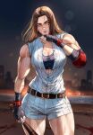  1girl abs baseball_bat baseball_uniform belt breasts brown_hair cityscape cleavage elbow_pads gloves highres long_hair muscular muscular_female orange_eyes original robusta_mania scar scar_on_face signature sleeveless solo sportswear sweat tank_top thick_thighs thighs veins veiny_arms wiping_sweat 