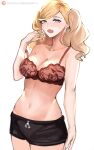  1girl :o absurdres arm_at_side black_shorts blonde_hair blue_eyes bra breasts collarbone cowboy_shot fang hand_up highres large_breasts long_hair navel nero_watch no_shirt open_mouth patreon_username persona persona_5 red_bra short_shorts shorts simple_background solo stomach strap_slip takamaki_anne tears twintails underwear waking_up wavy_hair web_address white_background yawning 