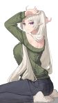  1girl absurdres ahoge ai-bon arms_up ass bare_shoulders black_pants breasts commentary commission green_sweater highres large_breasts long_sleeves no_shoes off-shoulder_sweater off_shoulder original pants pointy_ears purple_eyes simple_background sitting socks solo sweater wariza white_background white_hair white_socks 
