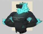  absurd_res anthro arm_tuft belt biceps black_clothing black_shirt black_t-shirt black_topwear blue_hair canid canid_demon canine cerberus_(fortnite) clothing demon ears_up epic_games fortnite glowing glowing_eyes hair hellhound hi_res looking_up male mammal multicolored_body muscular muscular_anthro muscular_male mythological_canine mythological_creature mythology pecs shirt simple_background smile solo t-shirt text text_on_clothing text_on_shirt text_on_topwear topwear tuft two_tone_body yourboi_lynno 