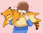  ambiguous_gender blue_clothing blue_shirt blue_topwear brown_hair clothing domestic_cat duo eyes_closed felid feline felis feral fur garfield_(series) garfield_the_cat hair holding_character human jon_arbuckle male mammal orange_body orange_fur paws pink_background shirt simple_background thejohnsu topwear yellow_body yellow_fur 