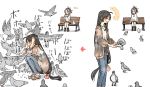  2girls ahoge alternate_costume bench bird bird_feeding black_hair blush cardigan denim hair_ribbon highres hinata_hibari jeans jewelry kantai_collection long_hair multiple_girls necklace pants pigeon ribbon shouhou_(kantai_collection) zuihou_(kantai_collection) 