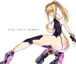  1girl alternate_color ass bangs blonde_hair blue_bodysuit blush bodysuit breasts character_name closed_mouth commentary_request hair_ornament hair_scrunchie harukon_(halcon) high_heels highres holding holding_weapon large_breasts legs long_hair looking_at_viewer metroid mole mole_under_mouth neon_trim nipples paralyzer ponytail samus_aran scrunchie see-through shiny shiny_clothes shiny_hair sidelocks simple_background skin_tight solo super_smash_bros. swept_bangs weapon white_background zero_suit 